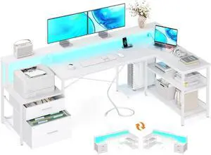L Shaped Desk with File Drawer, 75" Reversible L Shaped Computer Desk with Power Outlet & LED Strip, Home Office Desk with Storage Shelves, Gaming Desk with Monitor Shelf, Corner Desk, White
