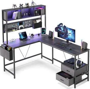 L Shaped Desk with Pegboard and Drawers, Reversible 67 Gaming Desk with RGB Light and Power Outlet, Computer Corner Desk with Storage and Hutch for Game Office Home, Grey