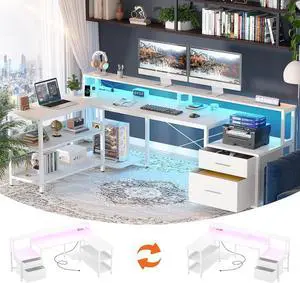 L Shaped Desk with File Drawer, 72.8" Reversible L Shaped Computer Desk with Power Outlet & LED Strip, Gaming Desk with Long Monitor Stand, Office Desk Corner Desk with Storage Shelf, White