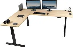 Electric Height Adjustable 83 x 60 inch Corner Stand Up Desk, 2 Light Wood Solid Table Tops, Black Frame, Memory Controller, L-Shaped Workstation, 3E Series, DESK-KIT-3E8BC