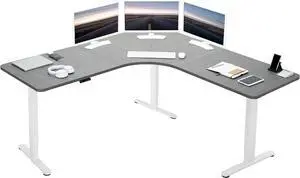 Electric Height Adjustable 71 x 71 inch Curved Corner Stand Up Desk, Dark Gray Table Top, White Frame, Memory Controller, L-Shaped Workstation, E3C Series, DESK-KIT-E3CWG