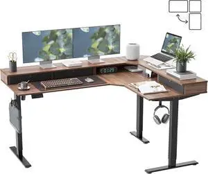 L Shaped Electric Standing Desk, 63x48 inch Large with Drawers | Reversible Tabletop, 2 Memory Height Settings | Home Office & Gaming Height-Adjustable Table, Black Walnut Top/Black Frame