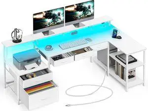 L Shaped Desk with File Drawers, 64" Home Office Desk with Power Outlet & LED Lights, Reversible Gaming Desk with Printer Storage Shelves, Corner Computer Desk with Monitor Stands, White