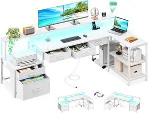 L Shaped Desk with 5 File Drawers, 75" Reversible L Shaped Computer Desk with Power Outlet & LED Strip, Office Desk with Storage Shelves, Gaming Table with Monitor Shelf, Corner Table, White