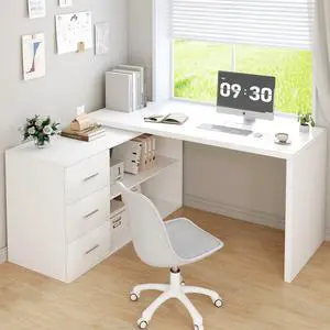 White L-Shaped Computer Desk with 3 Drawers and 2 Shelves, Reversible Home Office Corner Desk for Writing Study Work Executive, 55 Inch Bedroom Wood Table Workstation Desk with Storage Cabinet
