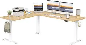75 Inches Triple Motor L Shaped Standing Desk Reversible, Electric Height Adjustable Corner Stand up Desk, Sit Stand Desk Computer Workstation, White Frame/Natural Top