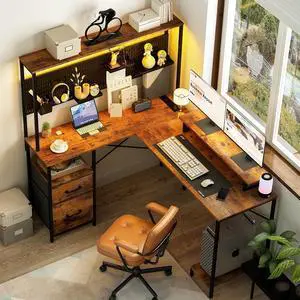 L Shaped Desk with Pegboard, Reversible Computer Desk with Drawers & Storage Shelves, Gaming Desk with LED Lights & Power Outlets, Office Desk with Monitor Stand Corner Desk Home Office Desks