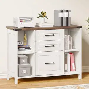 3 Drawer File Cabinet, Farmhouse Lateral Filing Cabinet Fits Files Letter or A4 Size, Wooden Printer Stand with Open Storage Adjustable Shelf for Home Office, White