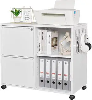 Mobile File Cabinet, Metal Lateral Rolling Printer Stand Filing Cabinets with Shelves for Home Office-Storage A4/F4/Letter (White)
