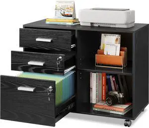 3-Drawer Wood File Cabinet with Lock, Mobile Lateral Filing Cabinet, Printer Stand Open Storage Shelves for Home Office, Black by DT