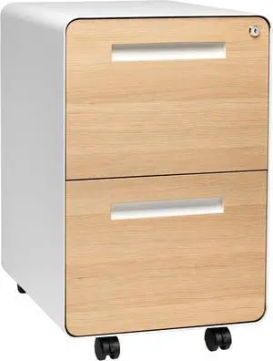 Stockpile 2 Drawer Mobile File Cabinet with Lock - Under Desk Metal Filing Cabinet, Legal/Letter File Folders, Wheels and Stationary Feet, Pre-Assembled, White/Wood