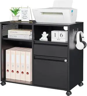 Mobile File Cabinet, Metal Lateral Rolling Printer Stand Filing Cabinets with Shelves for Home Office-Storage A4/F4/Letter (Black)