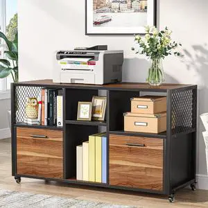 2 Drawer Wood File Cabinets, Modern Mobile Lateral Filing Cabinet for Letter/ A4 Size, Printer Stand with Open Storage Shelves and Drawer for Home Office, Rustic Walnut