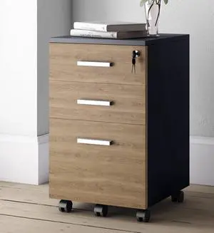 Modern Dgn Lazio File Cabinet, Filing Cabinets for Home Office, Drawers for Under Desk, Locking 3 Drawer Rolling Wood Filing Cabinet with Lock, Walnut and Black, by Crafts and Comfort