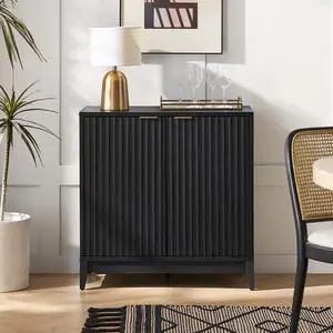 Brooklyn Storage Cabinet, Modern Farmhouse Entryway Accent Case, Buffet Sideboard, Console Table, Credenza, Wood Modular Organizer with Doors & Shelf, Fluted Panel Cupboard (Black, Single)