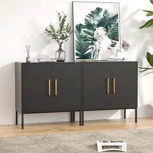 Storage Cabinet with Doors, Set of 2, Modern Buffet Cabinet with Storage, Kitchen Sideboard Buffet, Black Wood Accent Cabinet for Living Room, Bedroom, Hallway, Entryway, Office, Black