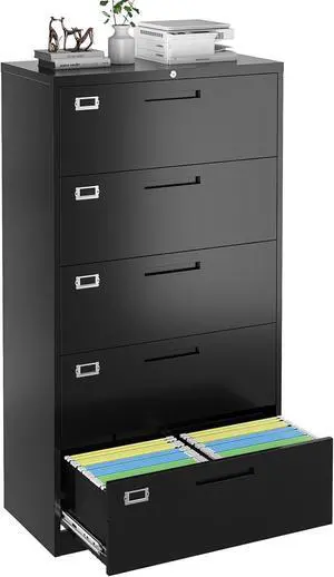 5 Drawer Lateral File Cabinet with Lock, Metal Filing Cabinets for Home Office, Wide Locking File Caninets, Black Office Storage Cabnet for Hanging Letter/Legal / A4 / F4 - Assembly Required