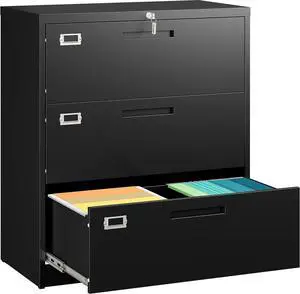 3 Drawer Lateral File Cabinet with Lock,Black Lateral Filing Cabinet,Horizontal Metal Filing Cabinets,Locked Wide Three Drawer File Cabinets for Office Home,Fit A4/F4/Letter/Legal File