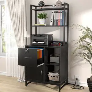 Vertical Filing Cabinet with Lock & Charging Station, Large Drawer Wood File Cabinet with Bookshelf, Printer Stand with Open Storage Shelf, fits Letter Size for Home Office, Black