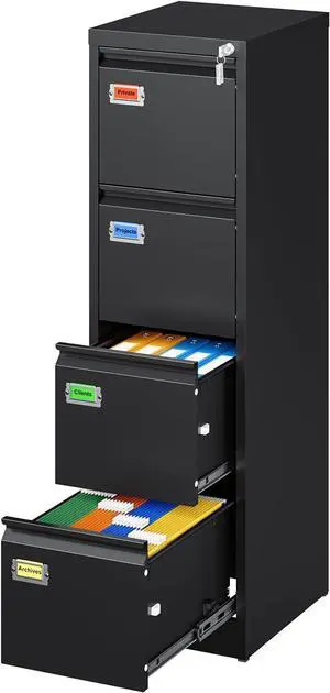 4 Drawer File Cabinet, Vertical Filing Cabinets with Lock, Metal File Cabinets for Home Office, Anti-Tip 4 Storage Drawers for Letter/Legal/A4/F4 Size (Assemble Required, Black)