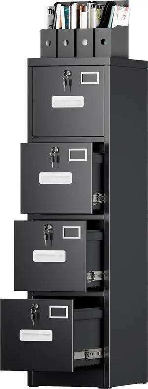 4 Drawer File Cabinet, Metal Vertical File Cabinet with 4 Lock,Office Home File Cabinet with Name Card Holder for A4 Letter/Legal Size, 14.96" W x 17.72" D x 55.2" H, Assembly Required(Black)
