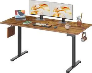 Electric Standing Desk, 63 X 28 Inches Adjustable Height Stand up Desk for Home Office, Large Ergonomic Sit to Stand Desk with Headphone Hook, 3 Memory Preset Computer Desk, Rustic Brown