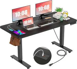 Electric Standing Desk Adjustable Height Desk 55 x 24In with Charging Station, Stand up Desk with Oversized Mouse Pad, 4 Caster, 4 Preset Heights Easy to Set, 27''-45'' Lifting Range(Black