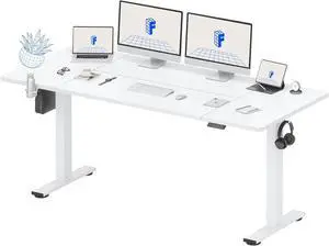 79 x 32 Inch Large Standing Desk, Stand Up Desk with Splice Board, Rising Desks for Home Office, Office Desk with Cup Holder and Headphone Hook (White Frame + White Top, 2 kages)