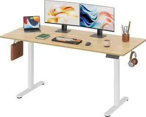 Electric Standing Desk, 63 X 28 Inches Adjustable Height Stand up Desk for Home Office, Large Ergonomic Sit to Stand Desk with Headphone Hook, 3 Memory Preset Computer Desk, Maple