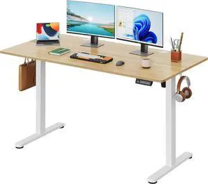 Electric Standing Desk, 55 X 28 Inches Adjustable Height Stand up Desk for Home Office, Large Ergonomic Sit to Stand Desk with Headphone Hook, 3 Memory Preset Computer Desk, Maple