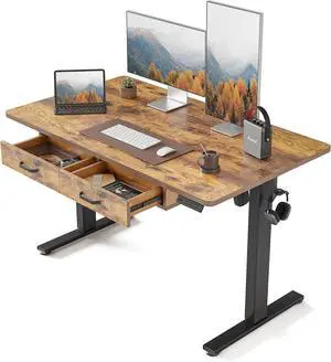 Standing Desk with Double Drawer, 48x 24 Inches Adjustable Height Electric Stand up Desk, Ergonomic Workstation Black Frame/Fir Brown Top