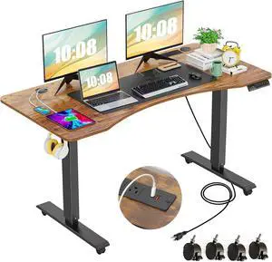 55 x 24 inch Standing Desk Electric Adjustable Height with Charging Station, Stand up Desk with Oversized Mouse Pad, Ergonomic Curved Workstation, 4 Caster, 4 Preset Heights Easy to SetBrown