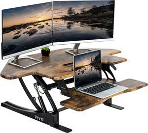 43 inch Corner Height Adjustable Cubicle Stand Up Desk Converter, V Series, Quick Sit to Stand Tabletop Dual Monitor Riser Workstation, Rustic Vintage Brown, DESK-V000VCN