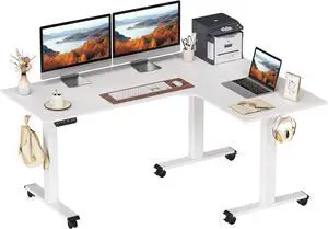 Triple Motor L-Shaped Electric Standing Desk, 63 Inches Height Adjustable Stand up Corner Desk, Sit Stand Workstation with Splice Board, White Frame/White Top