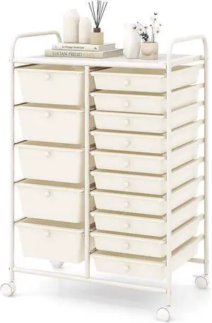 15-Drawer Rolling Storage C, Mobile Utility C with Heavy-duty Frame & Lockable Wheels, Multipurpose Storage Organizer C for Tools, Paper, Drawer C for Home, Office, School, White