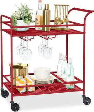 Outdoor Mobile Patio Bar C, Home Bar Serving C, BBQ Side Table w/ 2 Tier Storage, Wine Rack, Lockable Wheels - Red