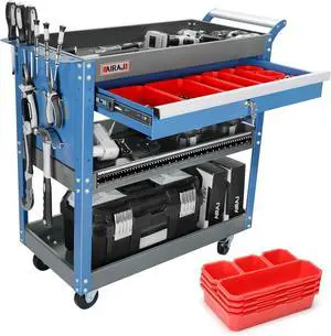 3 Tier Rolling Tool Cart on Wheels | Mechanic Tool Cart with Drawers | Utility Carts for Garage,Repair Room,Warehouse Workshop | Work Carts with Hooks,Liners,Tray Dividers,Brake | Blue