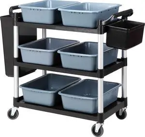 Storage C 3 Tier Heavy Duty Commercial Grade Utility C,Dish C for Restaurant,Multi-Function Mobile Shelving Unit Organizer for Hotel,Restaurant,Kitchen,Laundry Room with 6 Basin 2 Barrels
