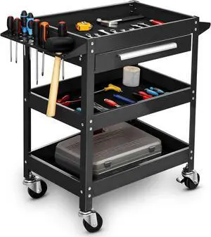 Metal Service Utility C with Wheels - 500LBS Tool C Heavy Duty Rolling 3-Tier Storage Organizer, for Garage Industrial C -Black