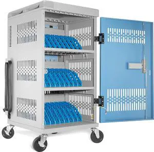 Fully Assembled 30 Bay Mobile Charging and Storage C for iPad,Chromebook and Laptop Computer with Keypad Lock,Up to 14-inch Screen Size,Surge Protection,Front & Back Access Locking Cabinet (Gray)