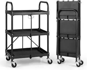 Folding Utility C on Wheels, 250lbs 3-Tier Rolling Tool C w/Lockable Casters & Compments, Fast Fold up Collapsible Metal Service C for Office, Garage, Kitchen, Black