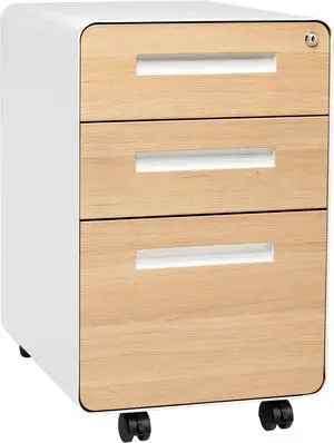 Stockpile 3 Drawer File Cabinet with Lock - Under Office Desk Metal Filing Cabinet, Legal/Letter File Folders, Wheels and Stationary Feet, Pre-Assembled, White/Wood