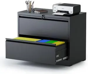 2 Drawer File Cabinet with Lock,Metal Lateral File Cabinets for Home Office,Steel Wide Filing Organization Storage Cabinets for Hanging Files Letter/Legal/F4/A4 Size Assembly Required(Black)