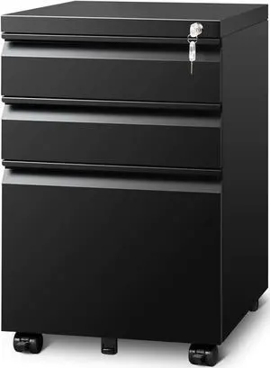 Filing Cabinets for Home Office, Mobile File Cabinet with Lock, 3 Drawer Filing Cabinet for A4/Letter/Legal Size Folder, Fully Assembled Except Casters, Matte Black