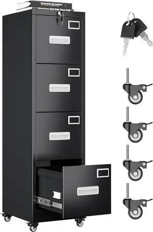 File Cabinet 4 Drawer with Wheels, Lockable Office Metal Filing Cabinet with Name Card for Office and Home,Assembly Required,Black