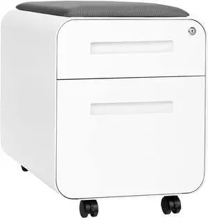 STOCKPILE Mini Seated 2 Drawer Mobile File Cabinet with Removable Magnetic Cushion Seat - Short Version, Metal Filing Cabinet, Pre-Assembled, White with Grey Cushion
