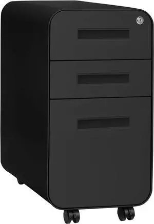 Stockpile Slim 3-Drawer Mobile File Cabinet with Lock - Under Desk Metal Filing Cabinet, Legal/Letter File Folders, Wheels and Stationary Feet, Pre-Assembled, All Black