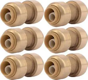 3/8 inch Coupling, Pack of 6, Push to Connect Brass Plumbing Fitting, PEX Pipe, Copper, CPVC, PE-RT, HDPE, U006LF
