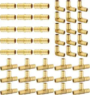(Pack of 45) 3/4" Barb Pex Brass Crimp Fittings 15 Pieces each: Tee, Elbow and Coupling For Pex Tubing Connection, ASTM F1807,(PEX1807199)