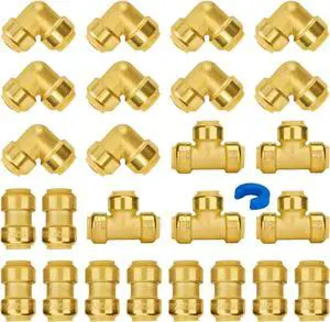 Plumbing Fittings 3/4 Inch, Push Pex Fittings 3/4", 10 Each Coupling and 90 Degree Elbow, Tee (5 PCS), No Lead Brass Push to Connect Pex Pipe, Copper, CPVC, with 1 Disconnect Clip, Pack of 25